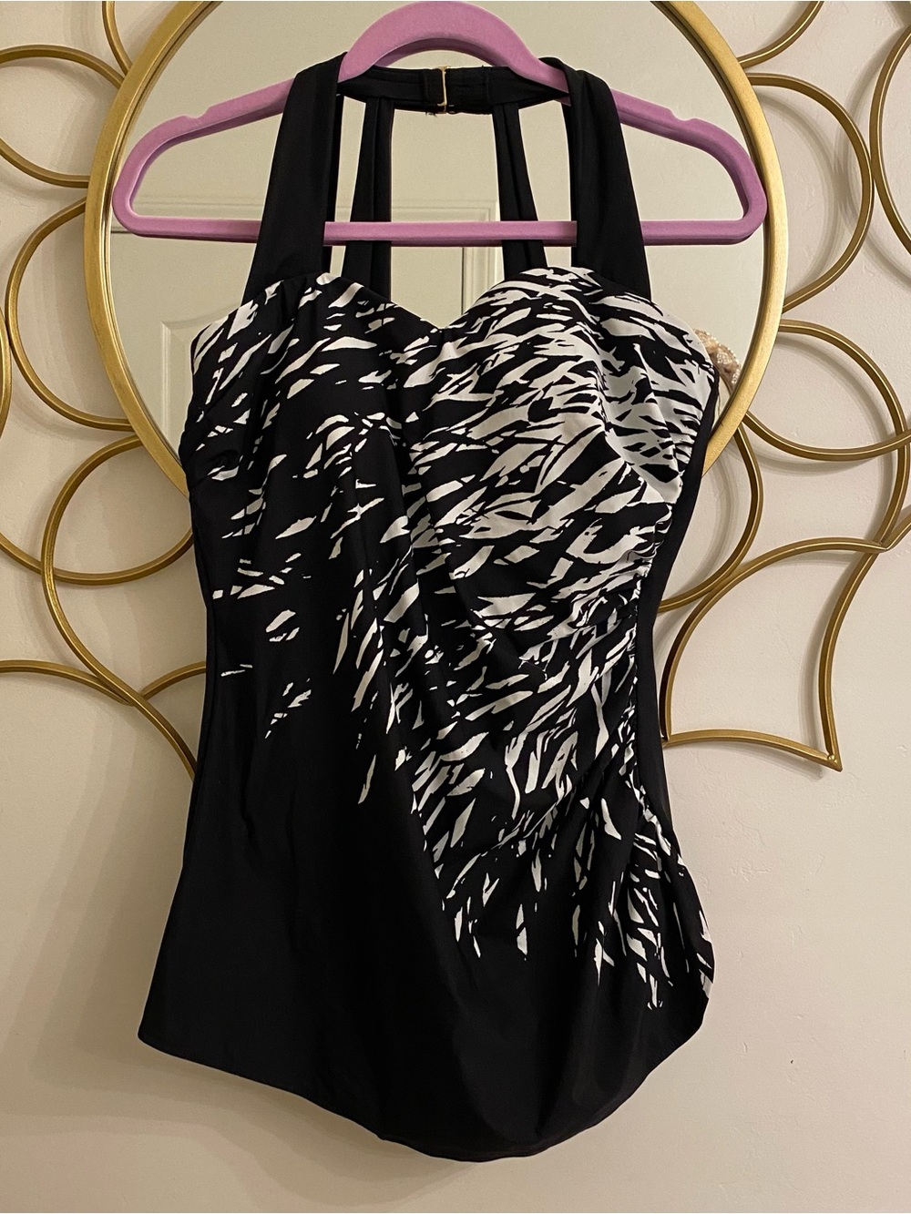 Lands End Black White One Piece Swimsuit sz 14 Swim Dress Vacation Beach Resort